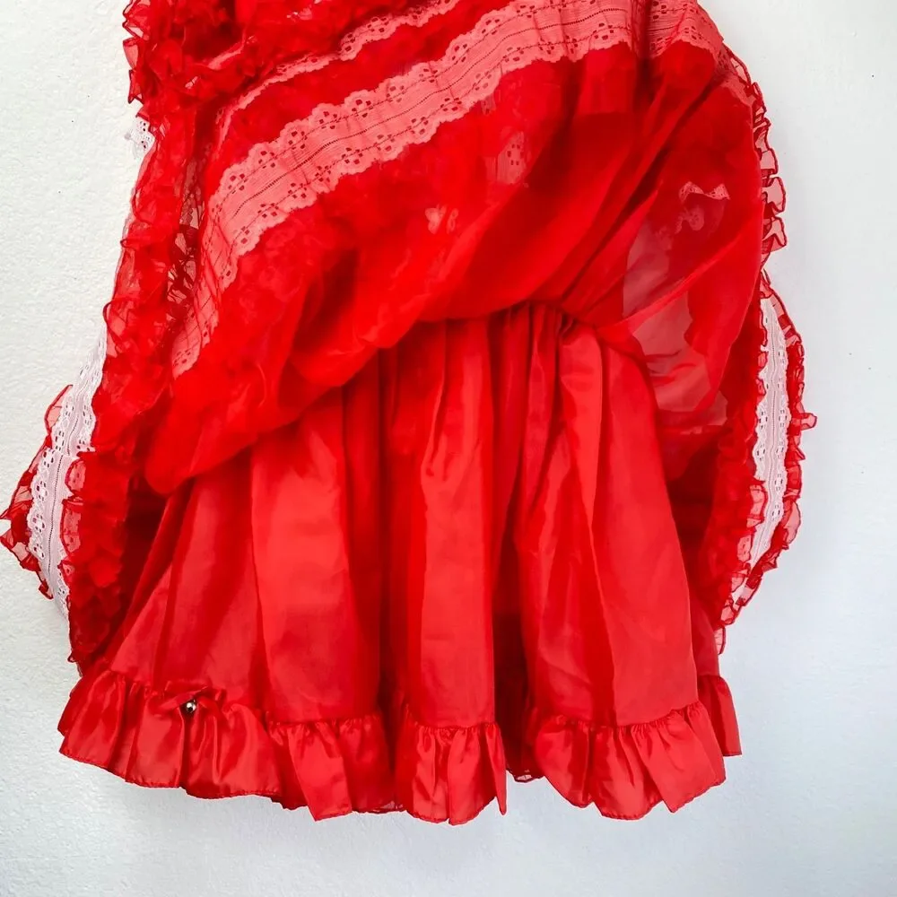 Vintage Girls Red Nylon Chiffon Dress Lace Puff Sleeve Holiday Christmas Size 6